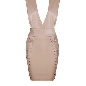 Miss Circle Dress Deep V faux leather mini size Med NEW